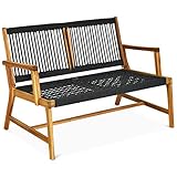 Tangkula 2-Person Patio Acacia Wood Bench Loveseat Chair, Outdoor Patio Bench Acacia Wood Bench in Teak Oil Finish, Patio Loveseat Rope Bench for Balcony Deck Poolside Porch (Black)