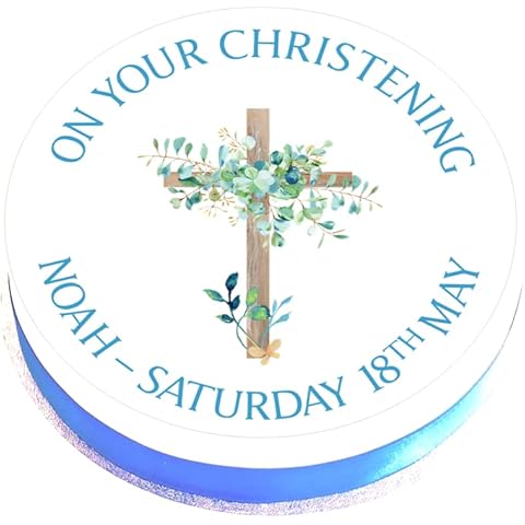 Personalised Christening Cake Topper- Blue Floral Cake Decoration - Edible Icing - 7.5" Round Cover