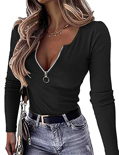 OwnTime Womens Sexy Tops Long Sleeve Henley Shirts Fitted Low Cut Tops Ribbed Zipper V Neck Cleavage Fall Shirts Blouses