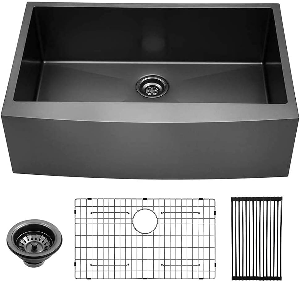 Crazy Clearance Gunmetal Black Stainless Farm Sink - Lordear 33 inch Farmhouse Sink 16 Gauge Apron Front Deep Single Bowl Stainless Steel Kitchen Farm Sink
