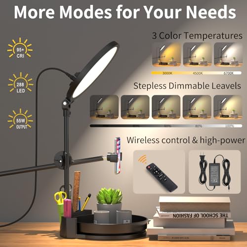 Image of Zoom Lighting for Computer, Desk Ring Light with Stand, 55W Dimmable Full Screen Ring Light, with Rotating Storage Box, Pen Holder Stand, Phone Holder & Controller (Black, 10.5)