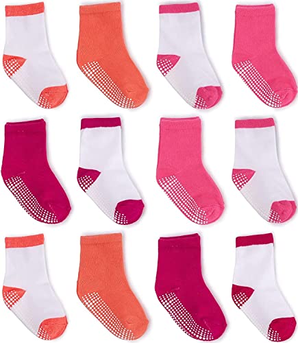 ZAPLES Baby Girls Non Slip Grip Crew Socks with Anti Skid Soles for Infants Toddlers Kids, Assorted 12 Pairs, 6-12 Months