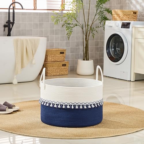 Image of KAKAMAY Cotton Rope Storage Basket (20 inchx13 inch),Woven Hamper for Blankets,Toys,Pillows,Clothes,Laundry,Sturdy Handles Decorative Basket for Living Room, Bedroom,Nursery(Blue /Blue Fringe)