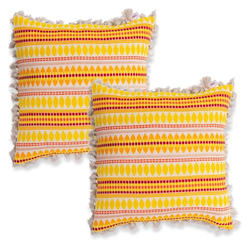 Image of HOKIPO 'Artisan Boho Series' Sofa Cushion Covers | 450 GSM Cotton Acrylic Jacquard | Tassel Design | 22x22 Inch (55x55 cm) | Pack of 2, Mustard Yellow (IN-906-A1*2)