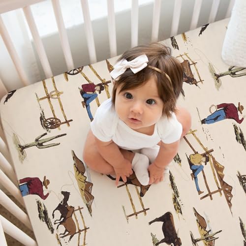 Image of Sweet Jojo Designs 3-Piece Baby Crib Sheets Set (Western Cowboy) for Boys, Infant Nursery, Toddler Room - Fitted, Standard Size (Horseshoe, Cow Print, Farm, Horse, Wild West, Country, Southern, Brown)