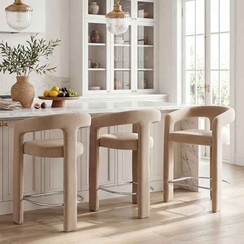 Image of HNY Modern Barrel Bar Stools Set of 3, 26 Inch Upholstered Velvet Counter Height Barstools with Open Back and Armrests, for Kitchen Island, Home Bar, Dining Room, No Assembly, Khaki