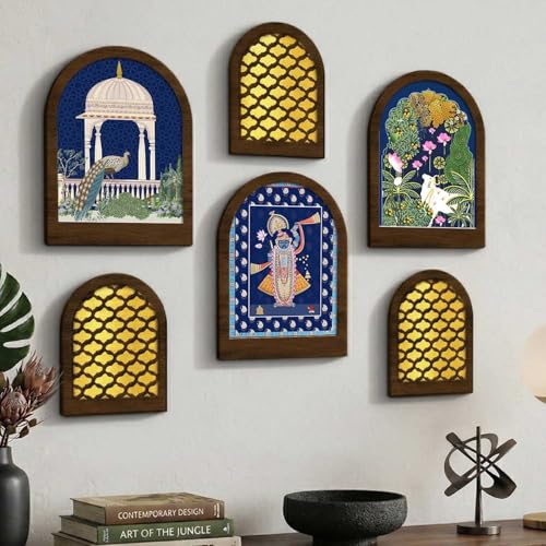 Image of MDF Jharokha Wall Mirror for Home Decor | Traditional Decorative Wall Hanging Jharokha Mirror | Premium Mirrors for Living Room Bedroom Set of 6 (9x12 inch & 7.5x9.5 inch)