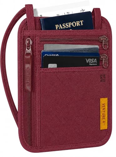 VENTURE 4TH RFID Blocking Travel Neck Wallet for Women & Men – Security Neck Pouch Passport Holder with Adjustable Strap & Water-Resistant Nylon Lining (Red)