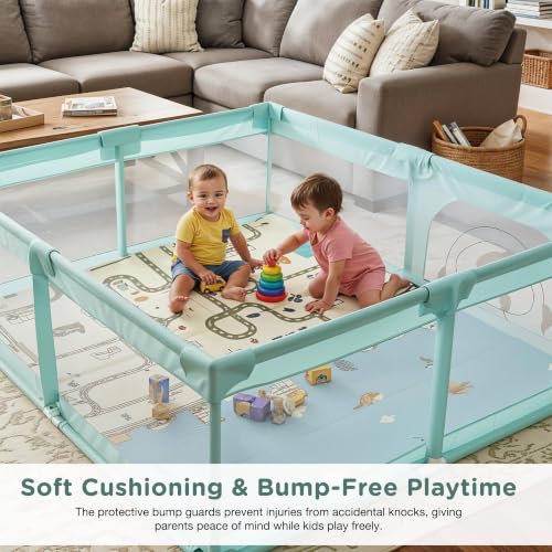 Image of Baybee 180 x 150 Cm Kids Playpen for Babies with Play mat | Baby Play Area Indoor Setup with Zipper Door | Kids Activity Floor Mat Playards | Outdoor Play Pen for Baby 0-5 Years (Green)