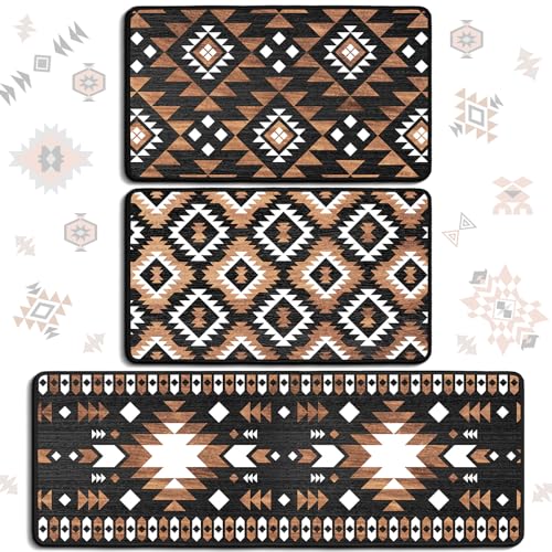 Drydiet 3 Pcs Aztec Western Kitchen Rugs and Mats Set Boho Farmhouse Non Slip Rug Geometric Waterproof Floor Mat Aztec Western Decor for Kitchen Home Entryway Bar Office Bathroom Door Party Decor