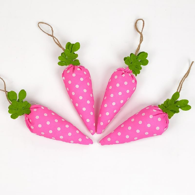 Fabric Carrot Ornaments Set, Gingham and Polka Dot Hanging Plush Decorations for Home, Party, Tree, and DIY Crafts (Pink)