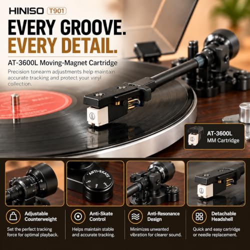 Image of HINISO T901 HiFi Wooden Turntable with Bluetooth in & Out, Built-in Phono Amp & 4 Stereo Speakers | Belt-Drive 33 /45 /78 RPM Vinyl Record Player, AT-3600L Cartridge, Auto-Stop, RCA /Optical /Coaxial Out