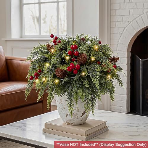24 Piece Set: 12Pcs Christmas Cedar Branches with LED Lights, Red Berries - image 5