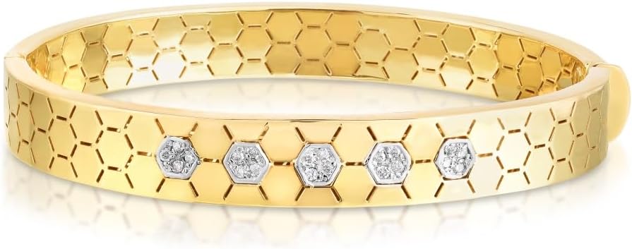 Diamond2Deal 14K Yellow Gold Polished Honeycomb Diamond Bangle Bracelet Clasp