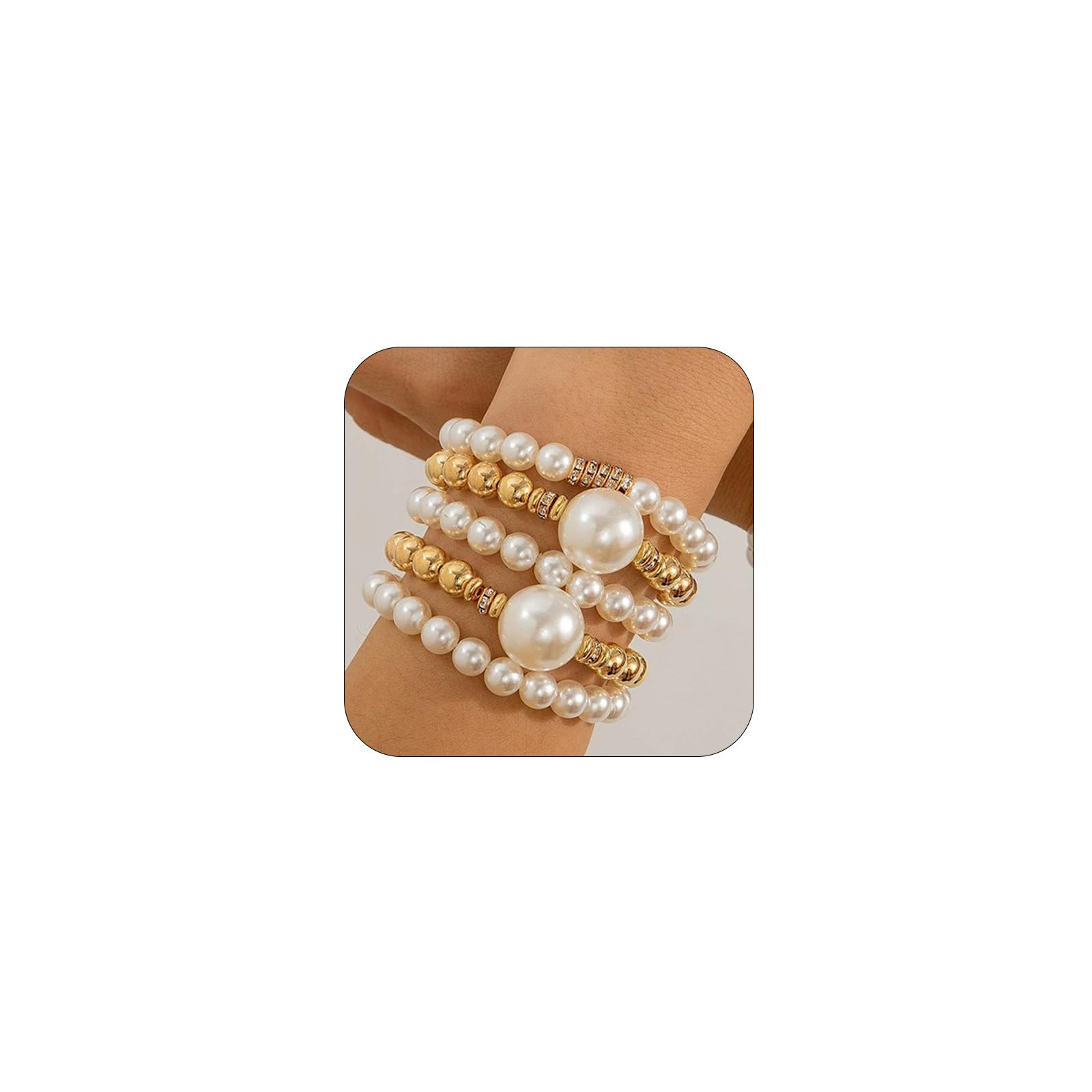 SAVNOJW Trendy Big Gold Pearl Beaded Bracelets Stack for Women, Unique 4Pcs Stackable Stretch Chunky Large Silver Beads Twisty Bracelet Set Party