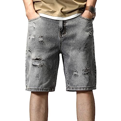 JEsilunmaMY Men's Fashion Ripped Denim Shorts Distressed Slim Fit Summer Hot Short Pants Outdoor Washed Cargo Short Jeans (Grey1,28)
