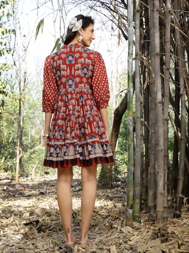 Image of Stylum Women's Rust Ethnic Printed Cotton Flared Dress