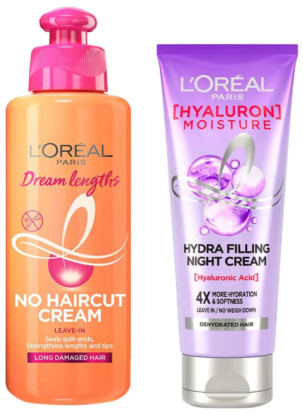 Image of L'Oreal Paris Dream Lengths No Haircut Cream Leave-In Conditioner, 200ml & L'Oreal Paris Hyaluron Moisture 72H Hydra Filling Night Cream 180ml