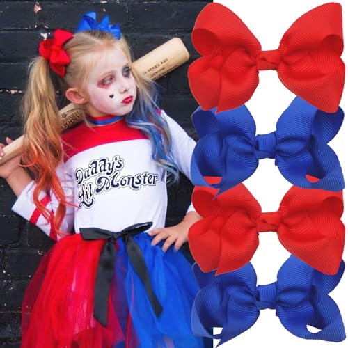 BASEMMAHER 4Pcs Red Blue Ribbon Hair Bows Clips for Girls Independence Day Bow Ties Hairpins Clown Hair Bows Alligator Clips Hair Barrettes Accessories for Kids 4th of July Birthday Party Headpiece