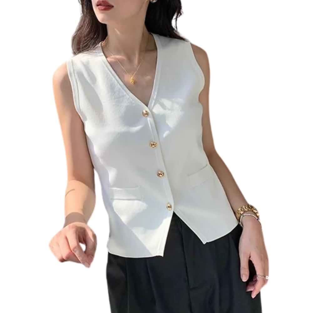 Women's V Neck Knit Sweater Vest - Sleeveless Waistcoat with Gold Button for Office, Casual & Summer Layering Slim Fit
