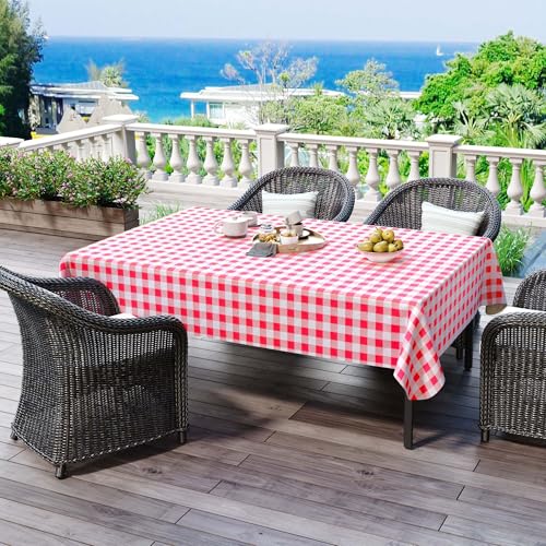 Image of misaya Rectangle Waterproof Vinyl Table Cloth, Buffalo Flannel Backed Tablecloth, Wipeable Plastic Table Cover for Dinner, Kitchen, Outdoor (70 inch x 90 inch, Red and White)