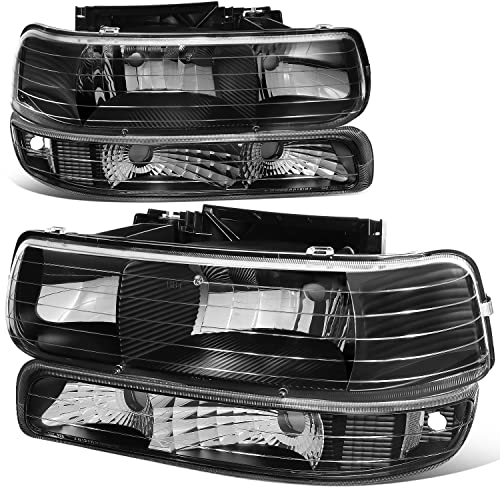 Auto Dynasty 4pcs Headlights Assembly with Bumper Lamps Compatible with Chevy Silverado 1500 2500 3500 Suburban Tahoe 1999-2006, Pair, Left and Right Side, Black Housing Clear Lens