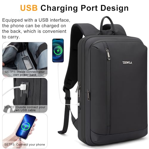 Tzowla Business Laptop Backpack for Men Professional,Slim Waterproof Backpacks for Travel/Work/Office/College with USB/Type C Charging Port,Lightweight Expandable Bag Fit 17.3 Inch Notebook(Black)3