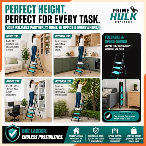 Image of Prime Hulk 5 Step Heavy Duty Steel Step Ladder for Home | Extra Wide Anti-Skid Steps | Strong Stable No-Wobble Design | Powder Coated | Slim Foldable Space Saving Ladder with Rubber Feet