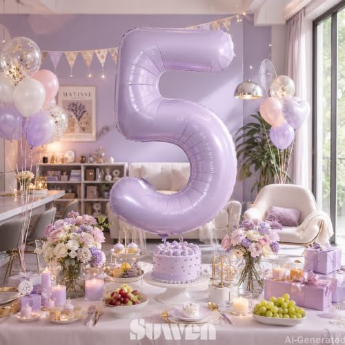 Image of SUWEN 40 Inch Light Purple Large 5 Balloon Number Big Foil Helium Lavender Number Balloons Huge Mylar 0-9 Giant Jumbo Happy 5th Birthday Party Anniversary Decorations