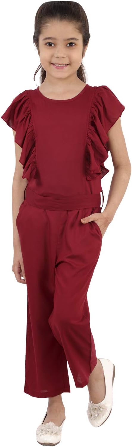 girls solid rayon ruffle jumpsuits/overalls (size-3 years to 12 years_colour-maroon)