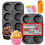 Mity rain 2 Packs Jumbo Muffin Pan, Premium Carbon Steel 6-Cup Cupcake Pan, with 80Pcs Non-Stick Paper Liners & 6Pcs Reusable Silicone Liners, Ideal for Party, Christmas, Home Baking