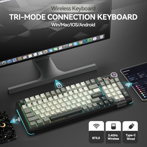 Image of SOLAKAKA A99 Pro Wireless Mechanical Keyboard with LCD Screen & Metal Knob, 2.4GHz /BT5.0 /USB-C, RGB Backlit Gaming Keyboard, Hot Swappable, Creamy Keyboard with Gasket Structure, for Win /Mac