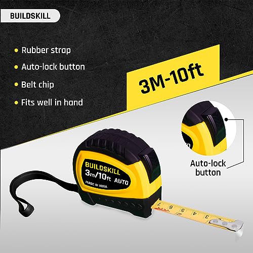 Image of Buildskill 3M Measuring Tape, Precision Measurement Tape, Inch Tape for Measurement with 16mm Width, Clear Visibility, Autolock, Lightweight, One Button Retraction, Made in India (Pack of 1)