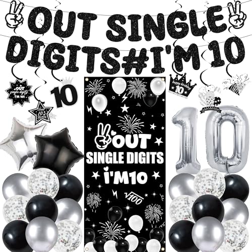 10th Birthday Decorations Party Boys - 31 Pcs Black Out Single Digits I'M 10 Banners Backdrop Hanging Swirls Star Foil Balloons Decor for Double Digits Boy 10 Year Old Birthday Decoration Supplies