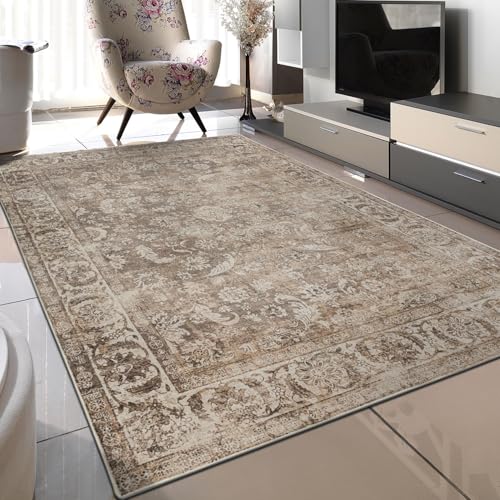 TALETA Teppich Wohnzimmer, waschbar, weicher Kurzflor Teppich für Wohnzimmer, Schlafzimmer - braun, Groß: 120 x 170 cm