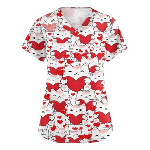 Valentines Scrub Tops Women Print Plus Size Womens Scrubs for Womens Nursing Shirts Nurse Gift uniformes de enfermeras de Mujer with Pockets Watermelon Red L