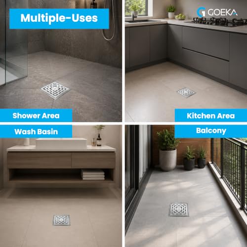 Image of GOEKA Sapphire Square Flat Cut Floor Drain | 304-Grade Stainless Steel Waste Water Drain Channel with Anti-Cockroach Trap | 6 x 6 Inches Bathroom, Kitchen & Balcony Jali