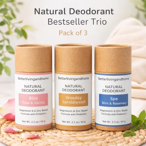 Image of Natural Deodorant Stick | Pack of 3| Woodsy Sandalwood, Bliss Rose Vanilla & Spa Mint Rosemary | Aluminium-Free | Magnesium Deodorant With Probiotics, Unisex