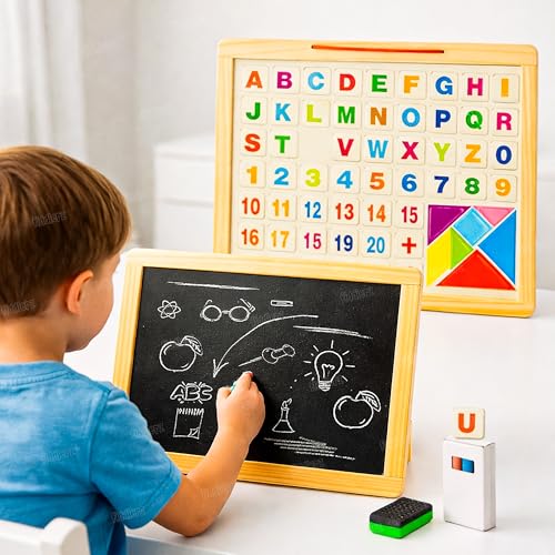 Image of Zest 4 Toyz Magnetic Wooden Writing Board for Kids Double-Sided Alphabet Number Puzzle Board with Whiteboard Chalkboard Eraser Marker and Tangram Set Fun Learning Toy for Boys and Girls