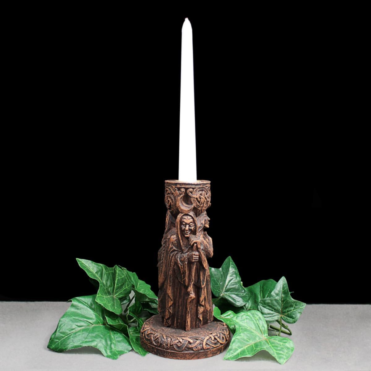Dryad Design Triple Moon Goddess Candle Holder - Maiden, Mother, Crone Statue - Pagan Wiccan Altar Decor (Wood Finish)