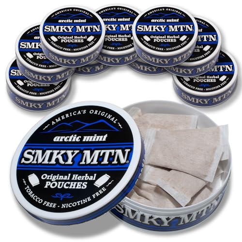 Smokey Mountain Original Herbal Pouches - Arctic Mint - Tobacco Free and Nicotine Free - 10 Can Box - 15 Per Can