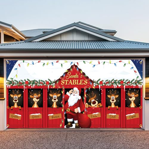 7x16 ft Christmas Garage Door Cover, 2025 Garage Door Christmas Decorations, Large Garage Door Xmas Cover, Outdoor Xmas Banner Decorations (Santa’s Reindeer Stable)