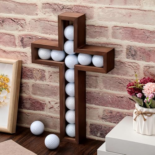 Image of Teenyyou 12 Golf Ball Display Golf Ball Holder, Wall Mount Cross Walnut
