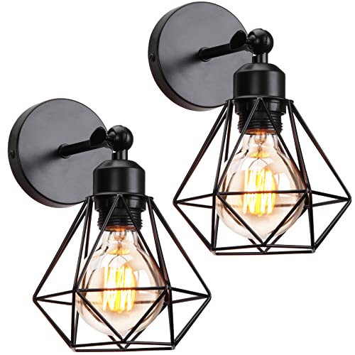 TOKIUS Lampada da Parete Interna Industriale Applique da parete Gabbia Interno E27 Metallo Lampadari e Plafoniere Cucina regolabile 180° Per Cucina Camera da letto (Nero, 2 pezzi)