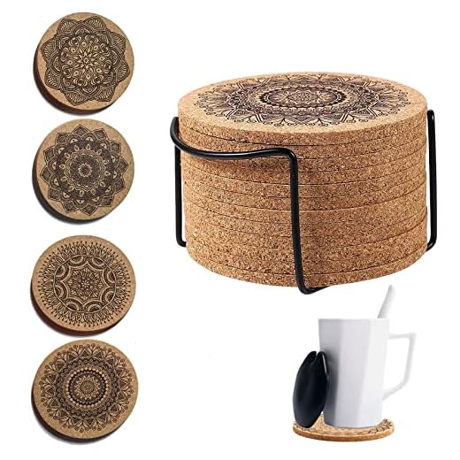 Paquete de 12 Reutilizables Absorbentes Posavasos de Corcho, Posa Vasos Frikis para Bebidas Alfombrilla, para Tazas con Soporte de Metal para el Hogar, Restaurante, Oficina y Bar