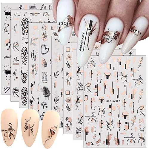 9 Sheets Rose Gold Nail Art Stickers Decal,Nail Supplies Graffiti Fun Nail Foil Decals 3D Self-Adhesive Bronzing Leopard Print Gold Botanical Abstract Line Nail Design for Acrylic Nails Art Decoration