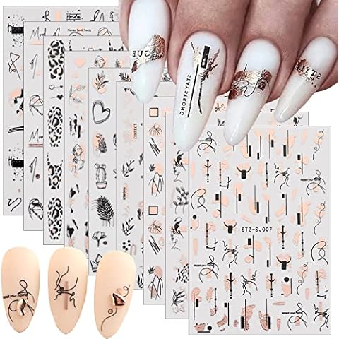 9 Sheets Rose Gold Nail Art Stickers Decal,Nail Supplies Graffiti Fun Nail Foil Decals 3D Self-Adhesive Bronzing Leopard Print Gold Botanical Abstract Line Nail Design for Acrylic Nails Art Decoration Cover