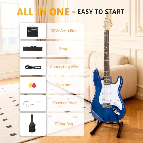 Image of GLARRY Full Size Electric Guitar for Music Lover Beginner with 20W Amp and Accessories Pack Guitar Bag (Blue Transparent, 39 inch Right)