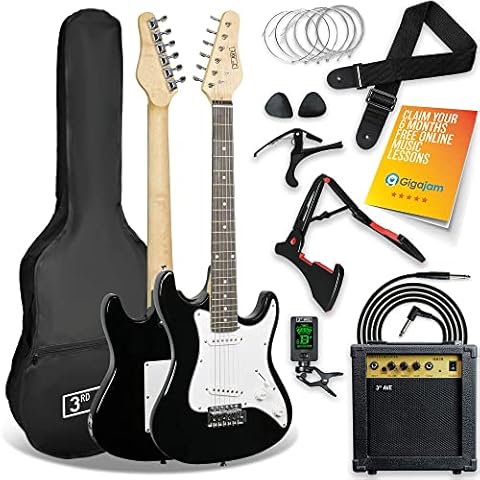 3rd Avenue XF 3/4 Size Electric Guitar Ultimate Kit with 10W Amp, Digital Tuner, Cable, Stand, Gig Bag, Strap, Spare Strings, Picks, Capo - Black Cover