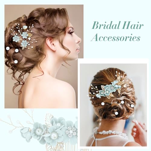 inSowni 20 Pieces Rhinestone Pearl Bridal Wedding Party Prom Light Green Flower Hair Side Combs Slides +U-shaped Floral Hair Pins+Twist Spiral Pearl Hairpins for Brides Bridesmaids Girls Women - Image 4